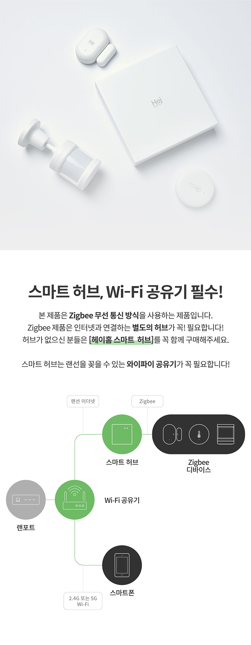 헤이홈 스마트 온습도 센서는 직비 무선 통신 방식을 사용하여 별도의 스마트 허브가 꼭 필요하며 와이파이 공유기는 필수입니다.