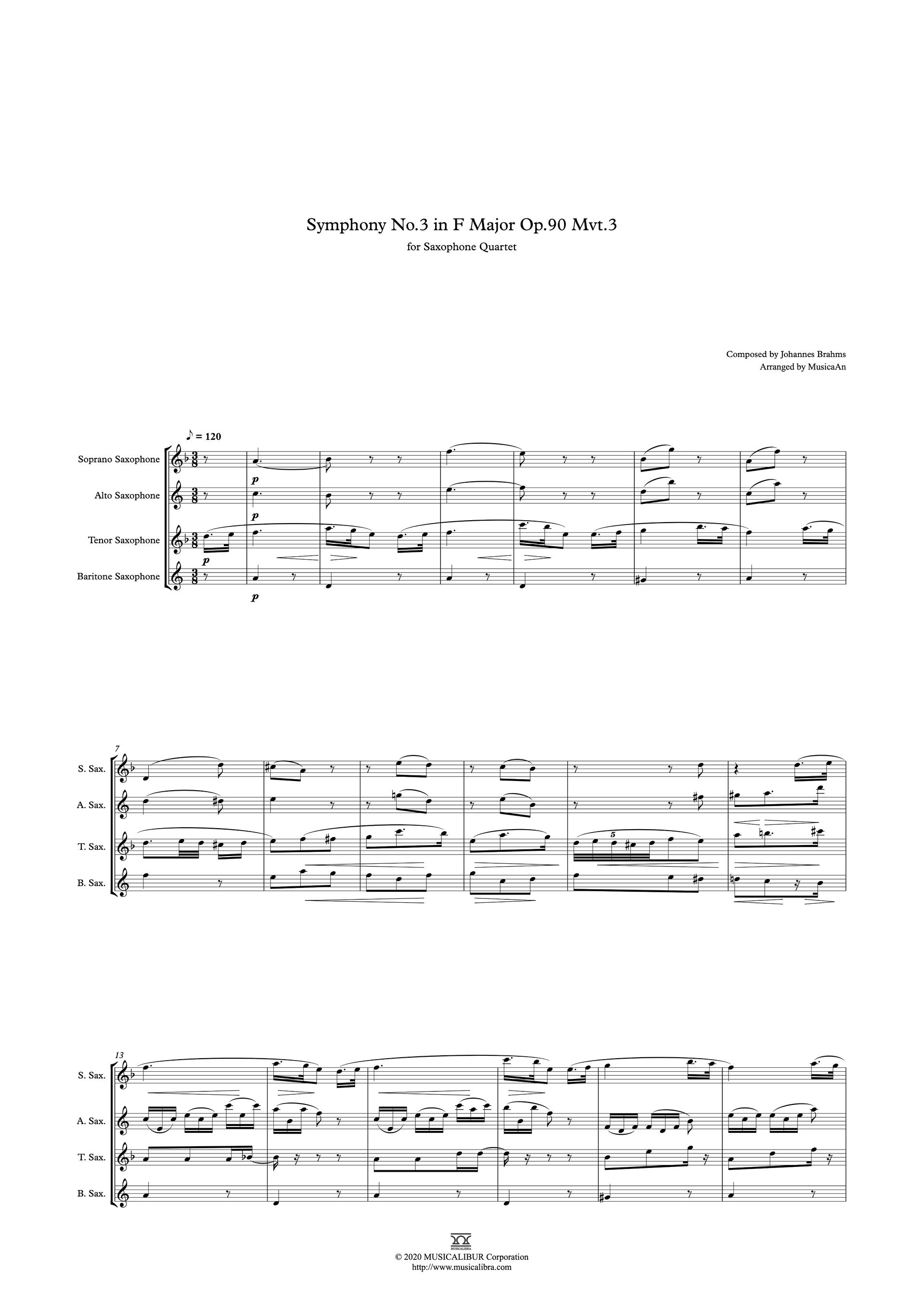 QUARTET SHEET MUSIC Brahms Symphony No 3 3rd Movement For Saxophone