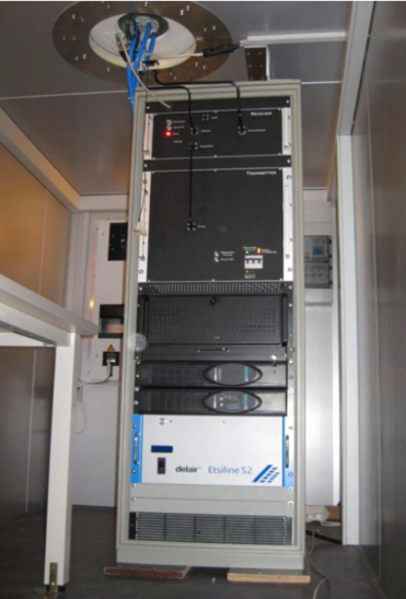 Vertically pointing MIRA36-2009 mounted inside a trailer. The components are mounted in a 19” rack. From top to bottom: Receiver, transmitter, PC including DSP, Console, UPS, Waveguide drying unit. The Antenna (not visible on this picture) is mounted on the trailer roof.