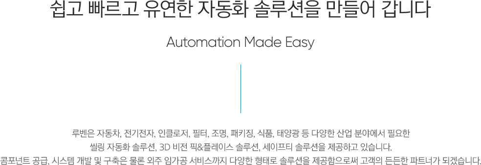 루벤 | 기업소개 | 쉽고 빠르고 유연한 자동화 솔루션을 만들어 갑니다 - Automation made easy, 루벤은 자동차,전기전자,인클로저,필터,조명,패키징,식품,태양광 등 다양한 산업 분야에서 필요한 씰링 자동화 솔루션, 3D 비전 픽&플레이스 솔루션, 세이프티 솔루션을 제공하고 있습니다. 컴포넌트 공급, 시스템 개발 및 구축은 물론 외주 임가공 서비스까지 다양한 형태로 솔루션을 제공함으로써 고객의 든든한 파트너가 되겠습니다.