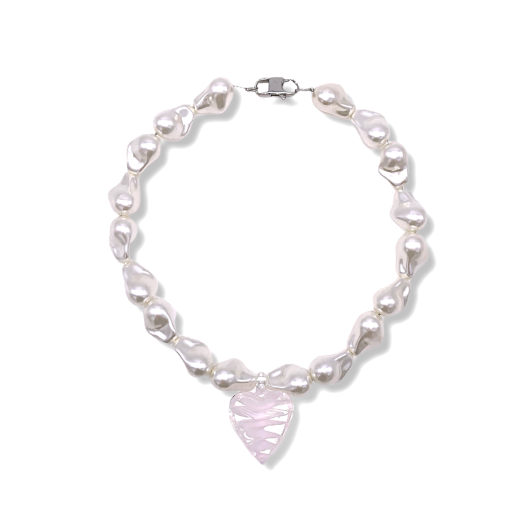 Venetian heart glass pearl necklace _ Pink