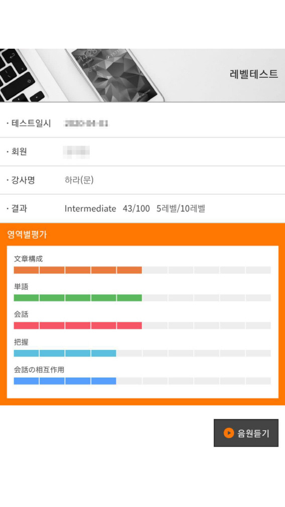 레벨테스트 결과표 예시