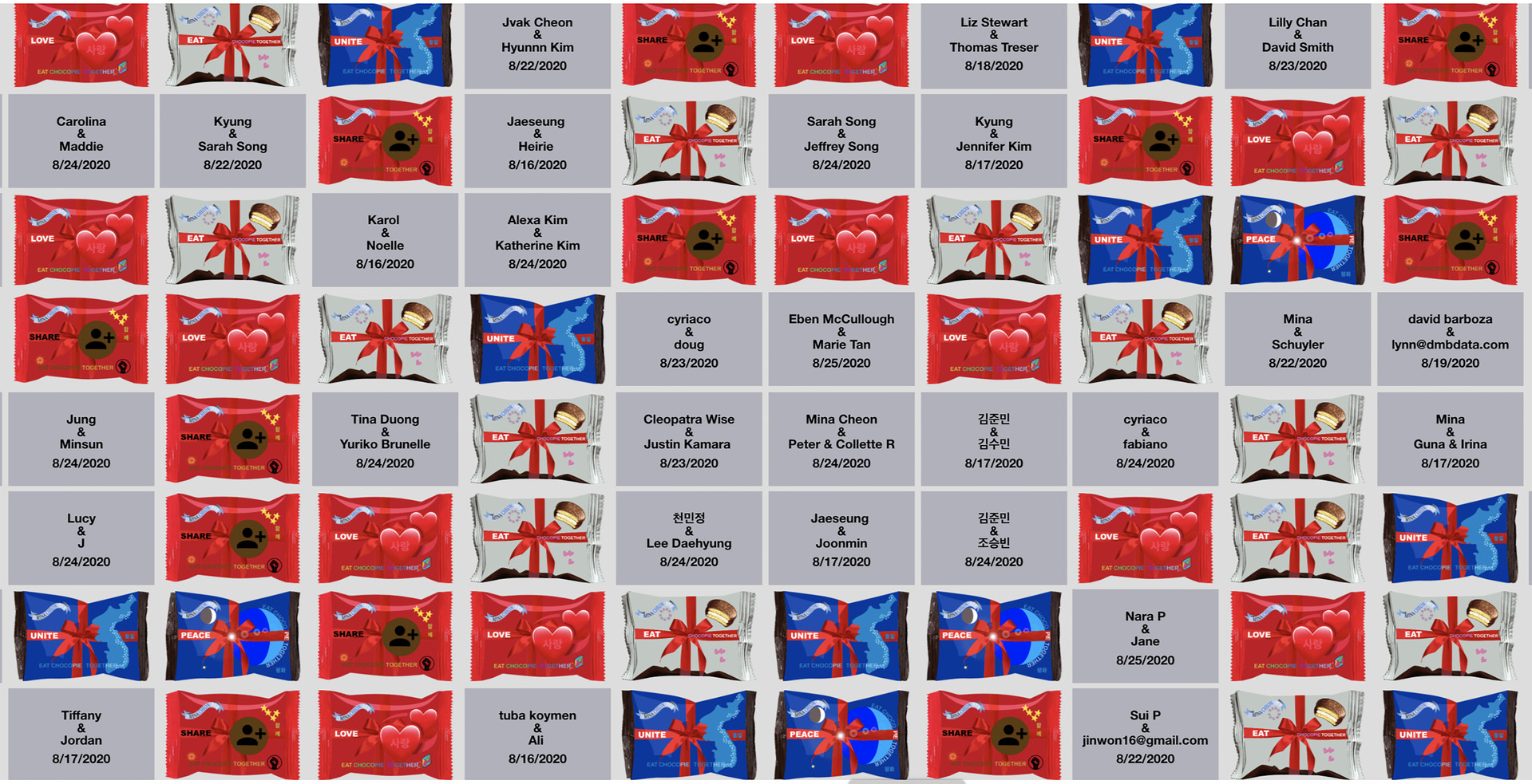 Zoomed in, the Korean peninsula map is being covered with names of those participating and sharing Chocopies. </br> During our physically and socially distanced times, the project is meant to help stay virtually connected