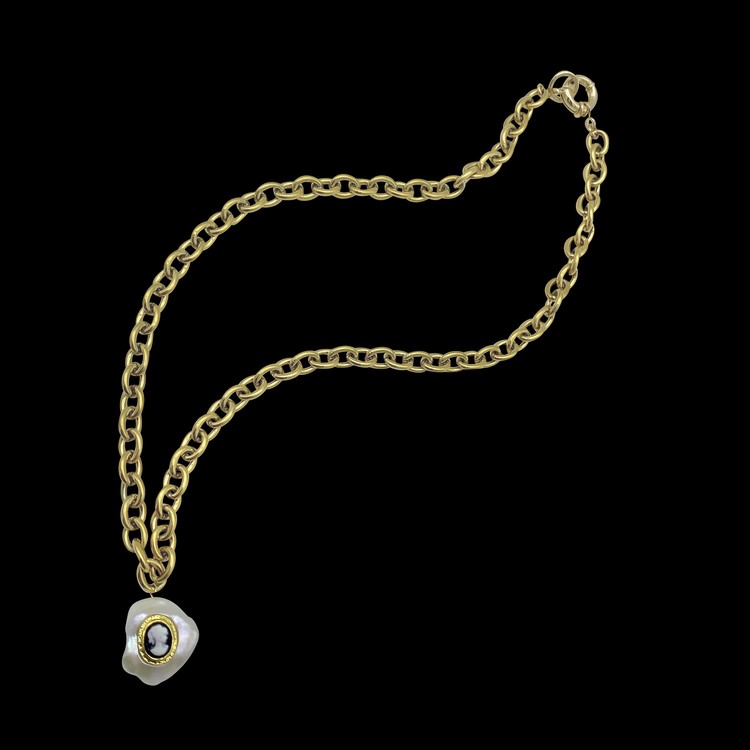 Mono stone pearl necklace_Cameo silver
