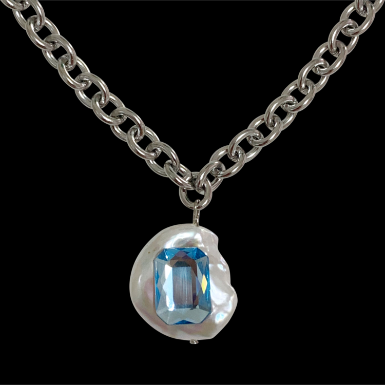Mono gem pearl necklace_Blue