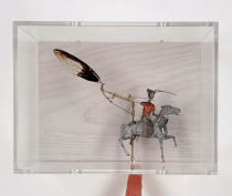 Jane Edden, Pursuit, 2019, Lean animals, insect wings, brass mechanism in perspex box, 15 x 20 x 10 cm, JE 008