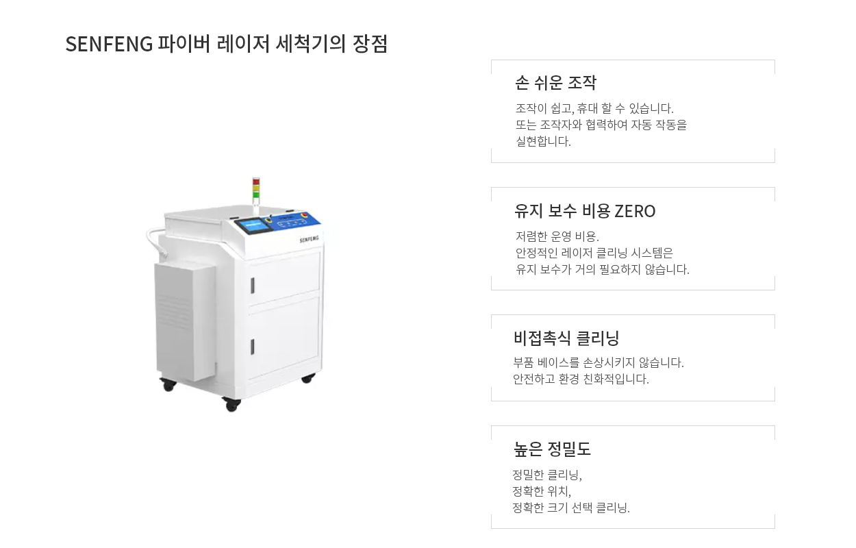 SENFENG 파이버 레이저 세척기의 장점 - 손쉬운 조작, 유지 보수 비용 ZERO, 비접촉식 클리닝, 높은 정밀도