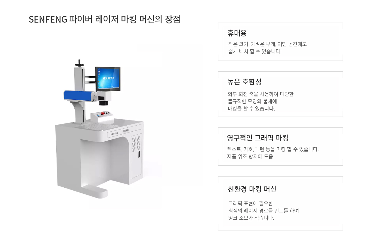 SENFENG 파이버 레이저 마킹 머신의 장점 - 휴대성, 높은 호환성, 영구적인 그래픽 마킹, 친환경 마킹 머신