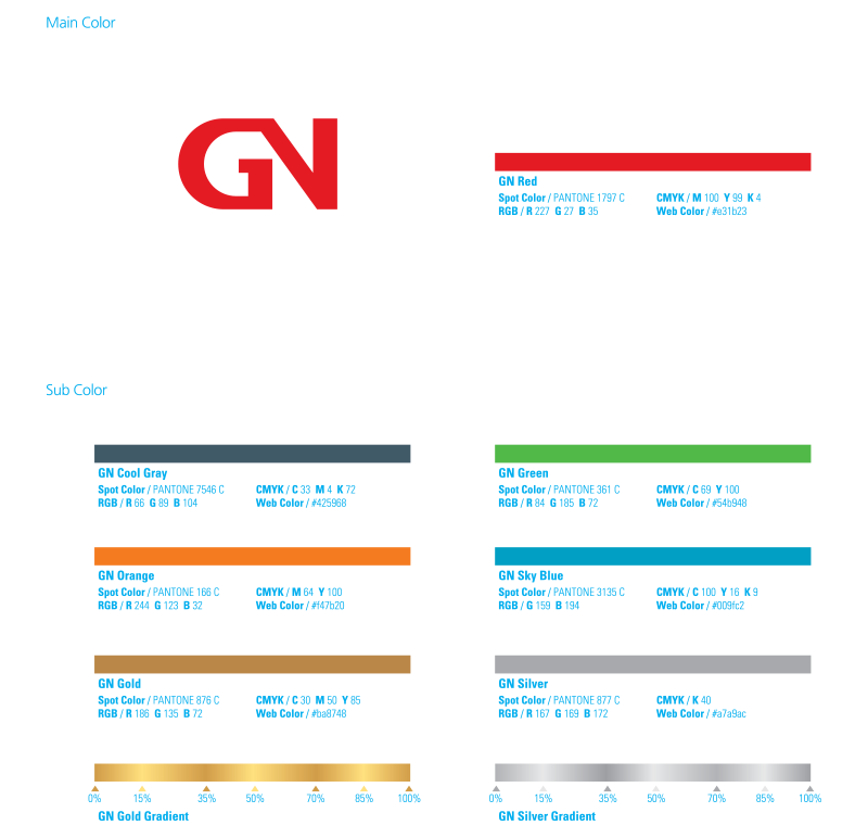 <h1 style="font-size:20px;">Exclusive color</h1><br>The colors of GN C.I are divided into main and auxiliary colors. Since GN C.I functions to deliver GN’s image by applying it to various visual media, it is important to deliver consistent color images.  Careful attention is required for the effective use of colors, and if there is any question during production, it must be produced in consultation with the department in charge.