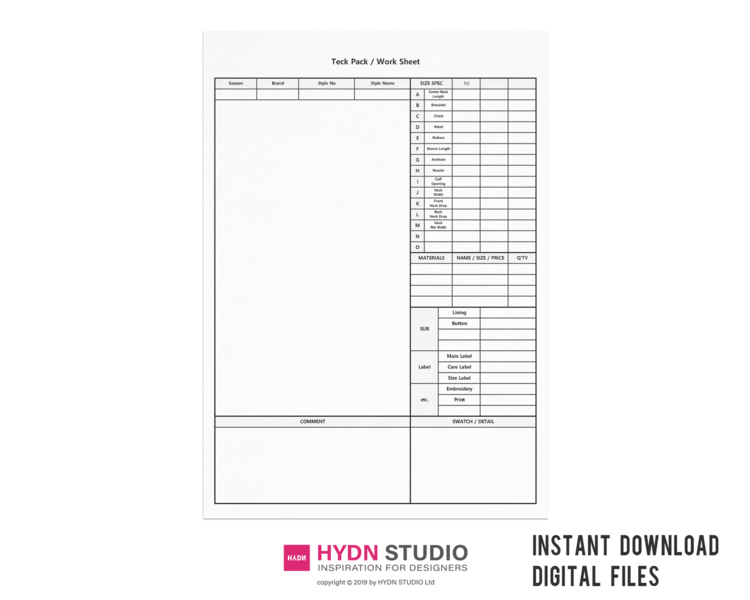 의류 패션 작업지시서 양식 12 English / (Excel, PDF, JPG) : 헤이든스튜디오ㅣ디지털 패션자료 쇼핑몰