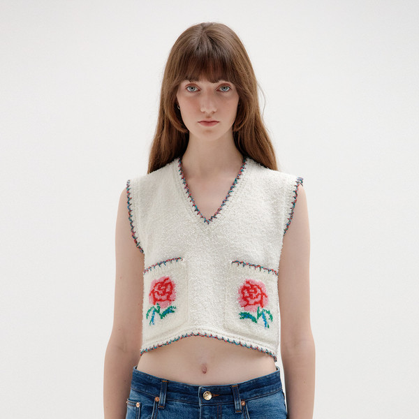 SITA Floral-Jacquard Short Knit Vest - Ivory