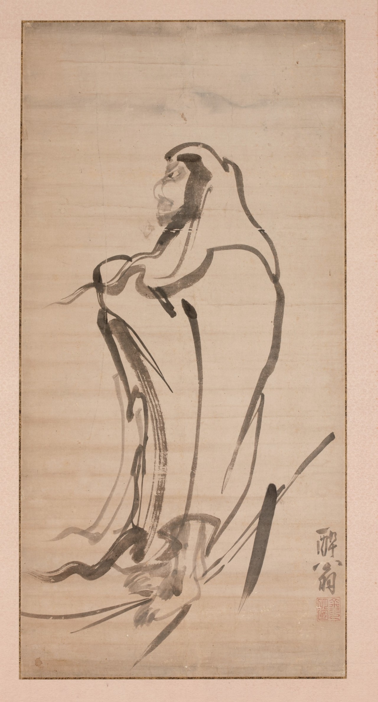 Kim Myeong-guk (金明國),  <i>Bodhidharma Crossing the Yangtze River on a Reed</i> (達磨折蘆渡江圖). Joseon dynasty, 17th century, Ink on paper, 98.2 x 48.2cm. National Museum of Korea. ⓒNational Museum of Korea
