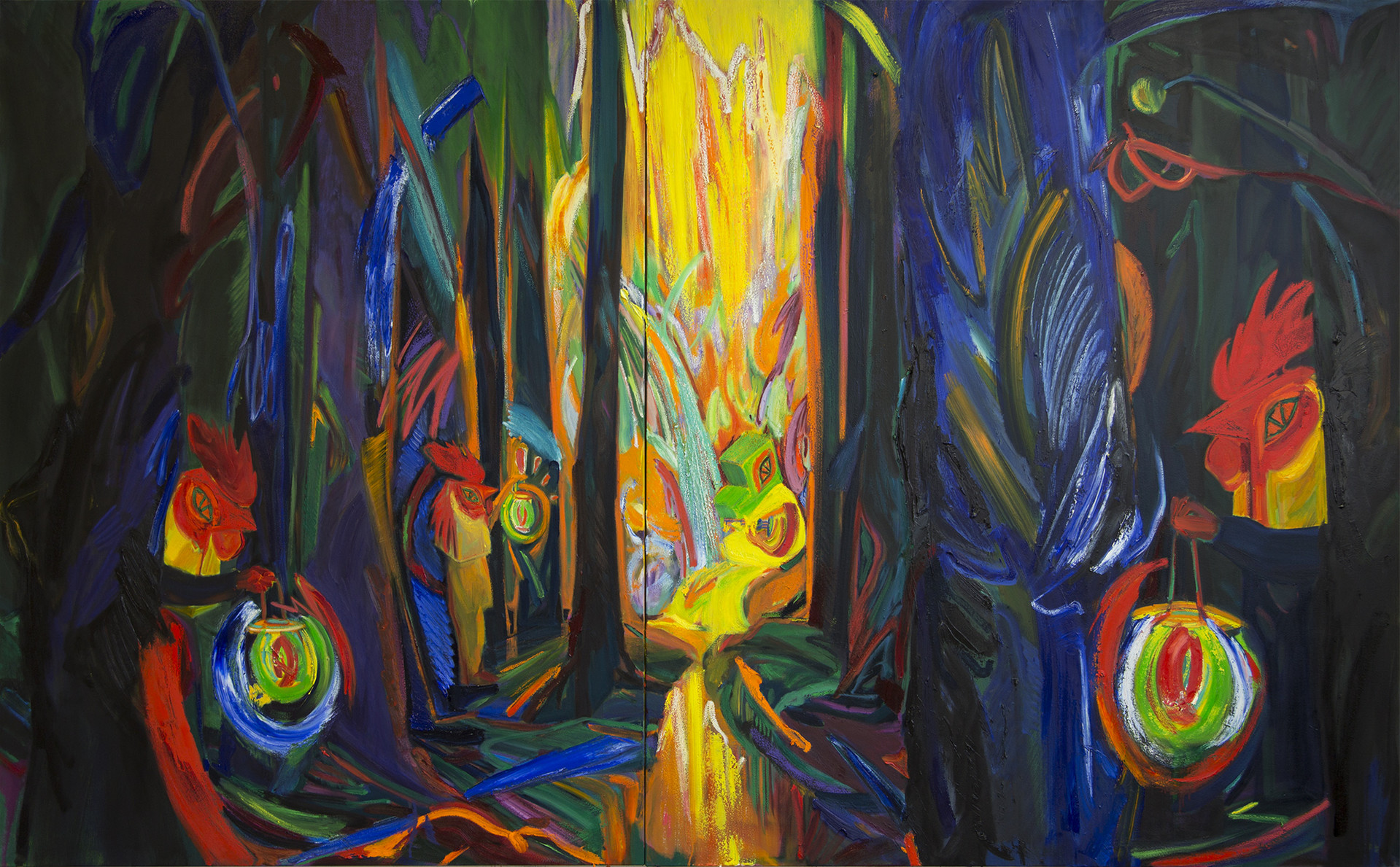 "O dark dark dark. They all go into the dark", Oil and acrylic on canvas, 160x260cm(diptych), 2019