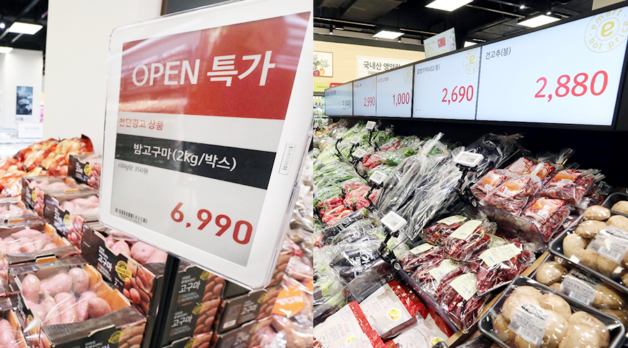 이마트 매장에 도입된 ‘전자가격표시기(ESL)’. 중앙 서버의 상품정보를 변경하면 각 매장 내 전자가격표시기에 자동으로 반영된다.