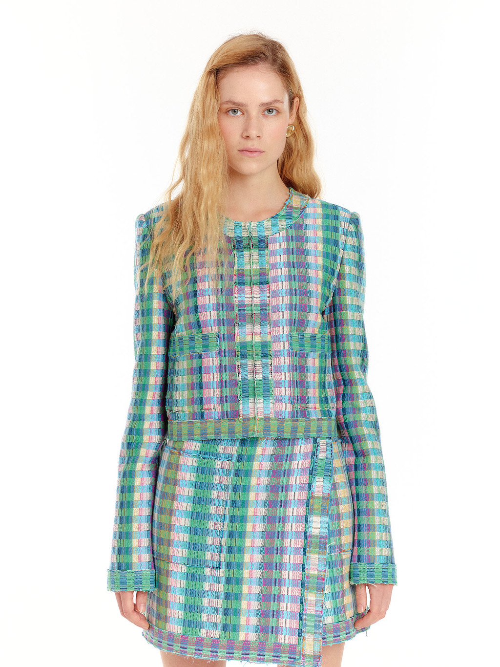 UEM Panneled Check Short Jacket - Green Multi : EENK SHOP UEM Panneled Check Short Jacket - Green Multi : EENK SHOP