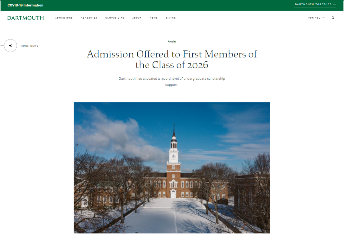 Dartmouth Admits 530 Early Decision Applicants to the Class of 2026