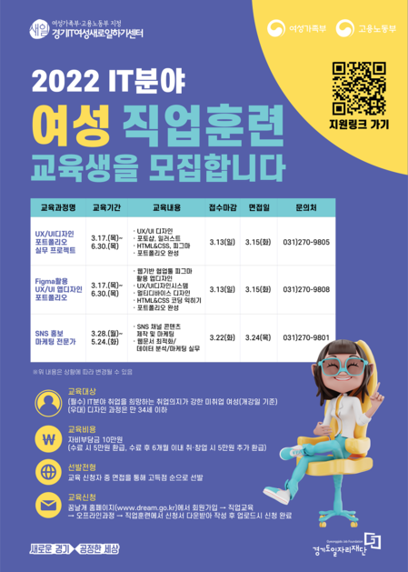 2022년 상반기 IT분야 여성직업교육 훈련생을 모집합니다 : 경기IT새일센터 | 공지사항 2022년 상반기 It분야 여성직업교육 훈련생을 모집합니다 : 경기It새일센터 | 공지사항