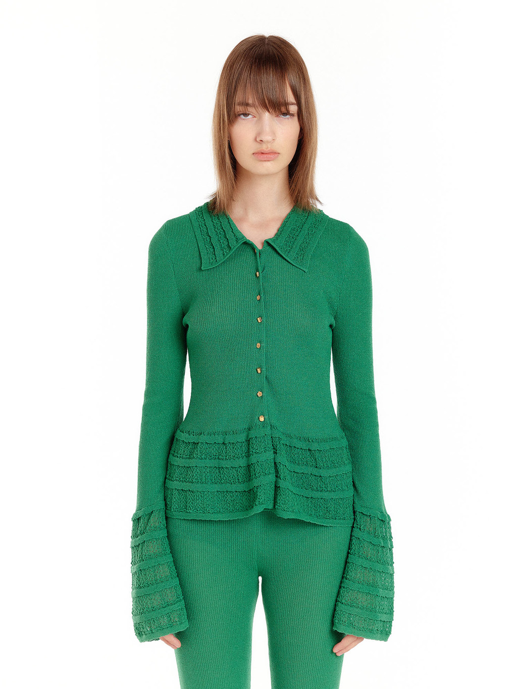 URILL Frilled Knit Shirt - Green : EENK SHOP