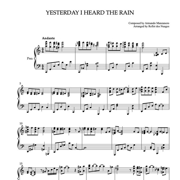 PIANO SOLO 楽譜] Yesterday I Heard the Rain ピアノ 編曲 楽譜
