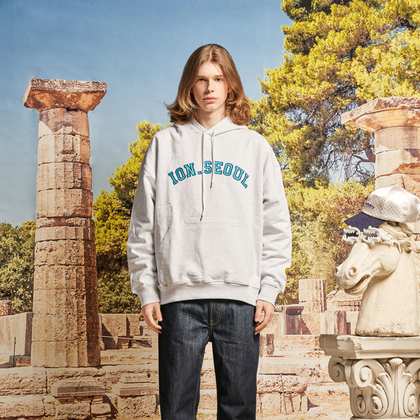【IONSEOUL】Authentic Lettering Overfit Long Sleeve 4JH616 IONSEOUL Smile Signature Embroidery Overfit Hoodie(Melange