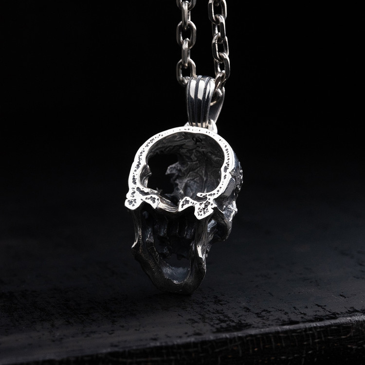 Black Diamond Skull Head with Garnet Eyes Pendant Necklace