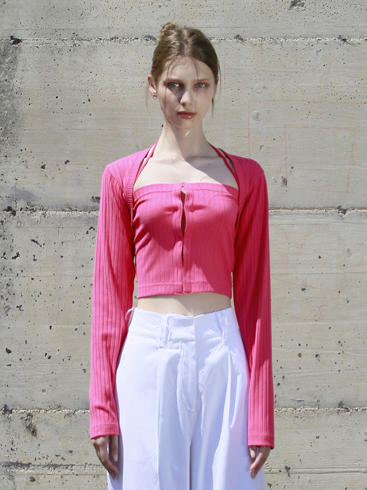 MEENDERI] RIBBED BOLERO CARDIGAN - PINK