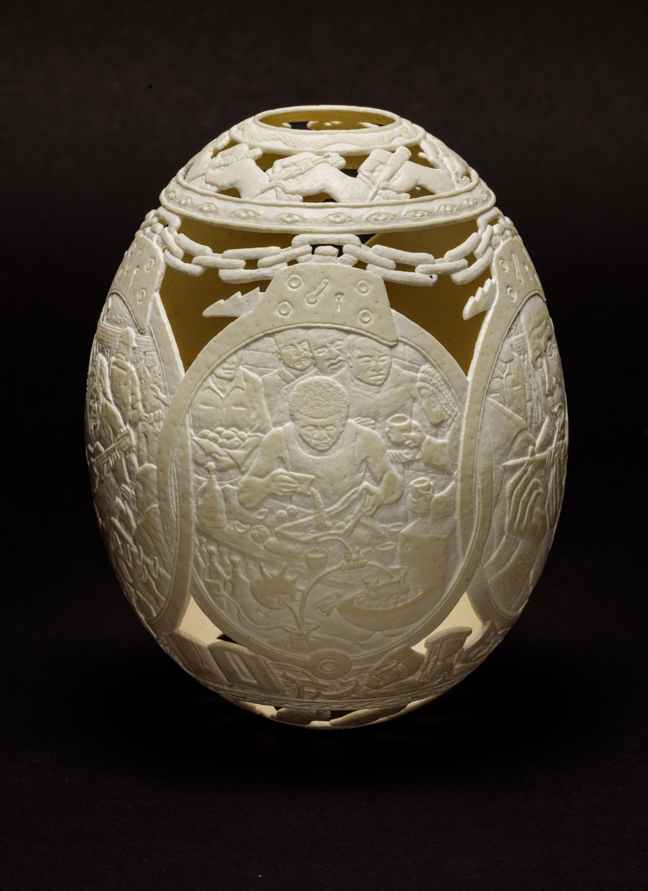 Gil Batle, Time Killer, 2016, Carved Ostrich Egg, 16.5 x 12.7 x 12.7 cm , GB 005