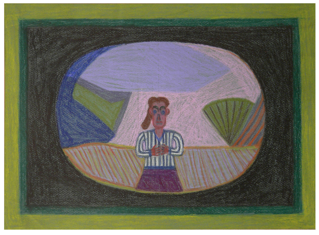 Untitled (Woman with Ponytail in Egg), c. 1968-70, Oil pastel on paper, 40.6 x 55.9 cm, EA 010