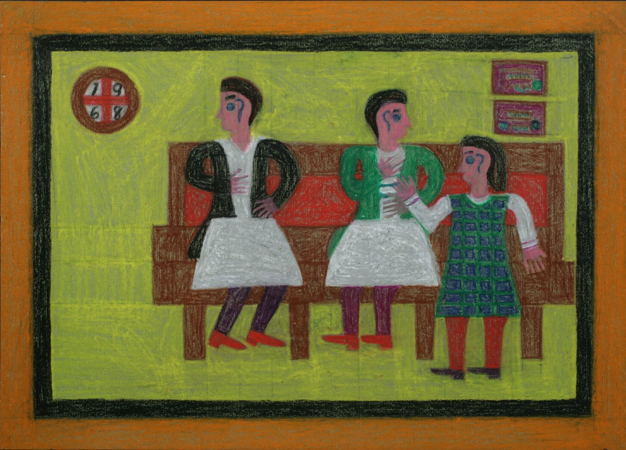 Untitled (Two Women and Child), c. 1968, Oil pastel on paper, 40.6 x 55.9 cm, EA 020