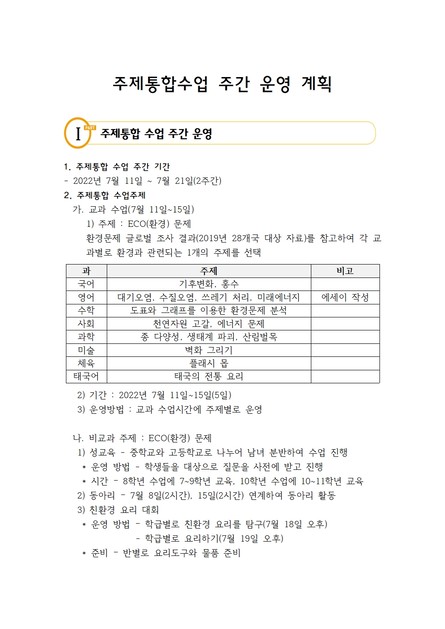 주제통합수업 운영 안내 : 방콕한국국제학교
