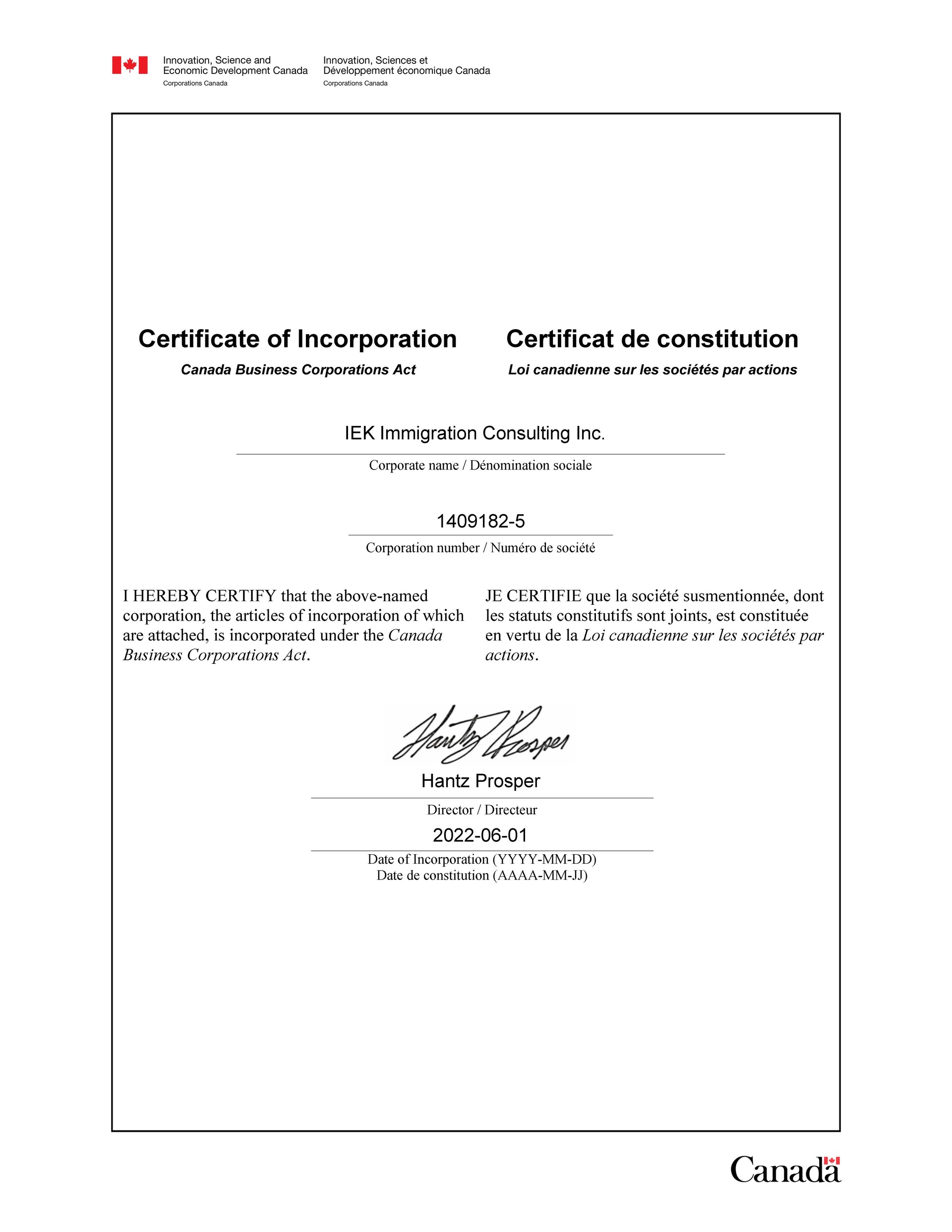 [Certificate of Canadian Incorporation] 