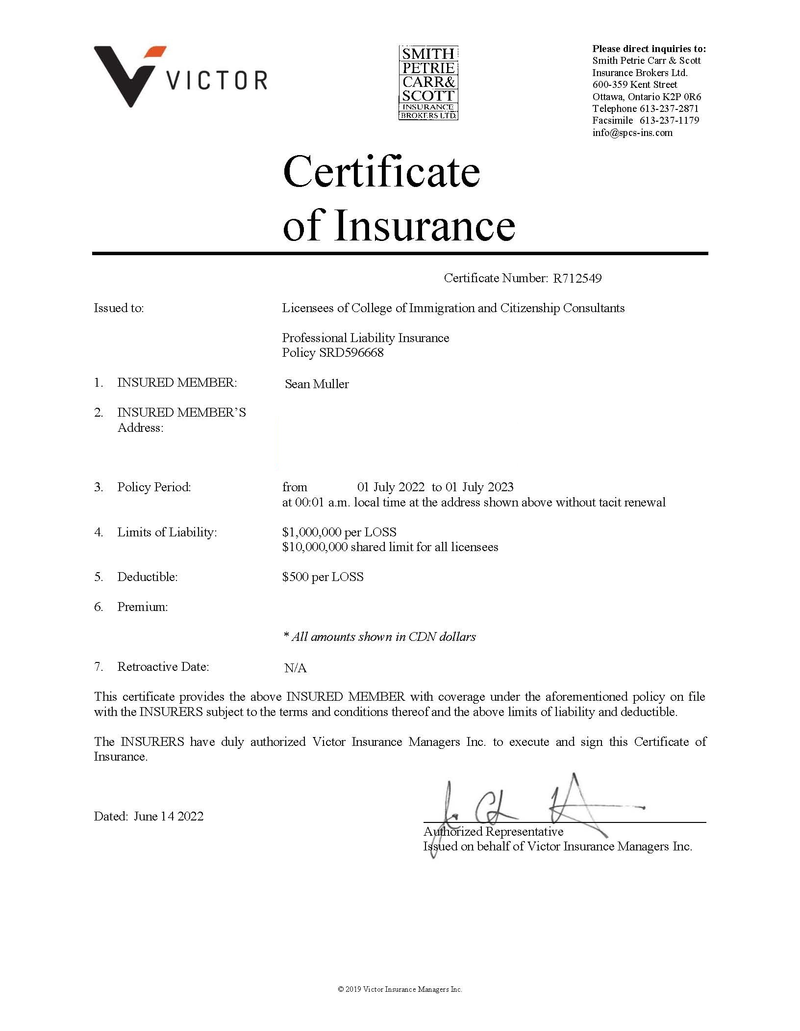 [Certificiate of Insurance in Canada]