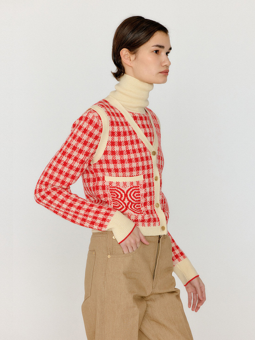 VITA Gingham Check Knit Vest - Red/Ivory : EENK SHOP