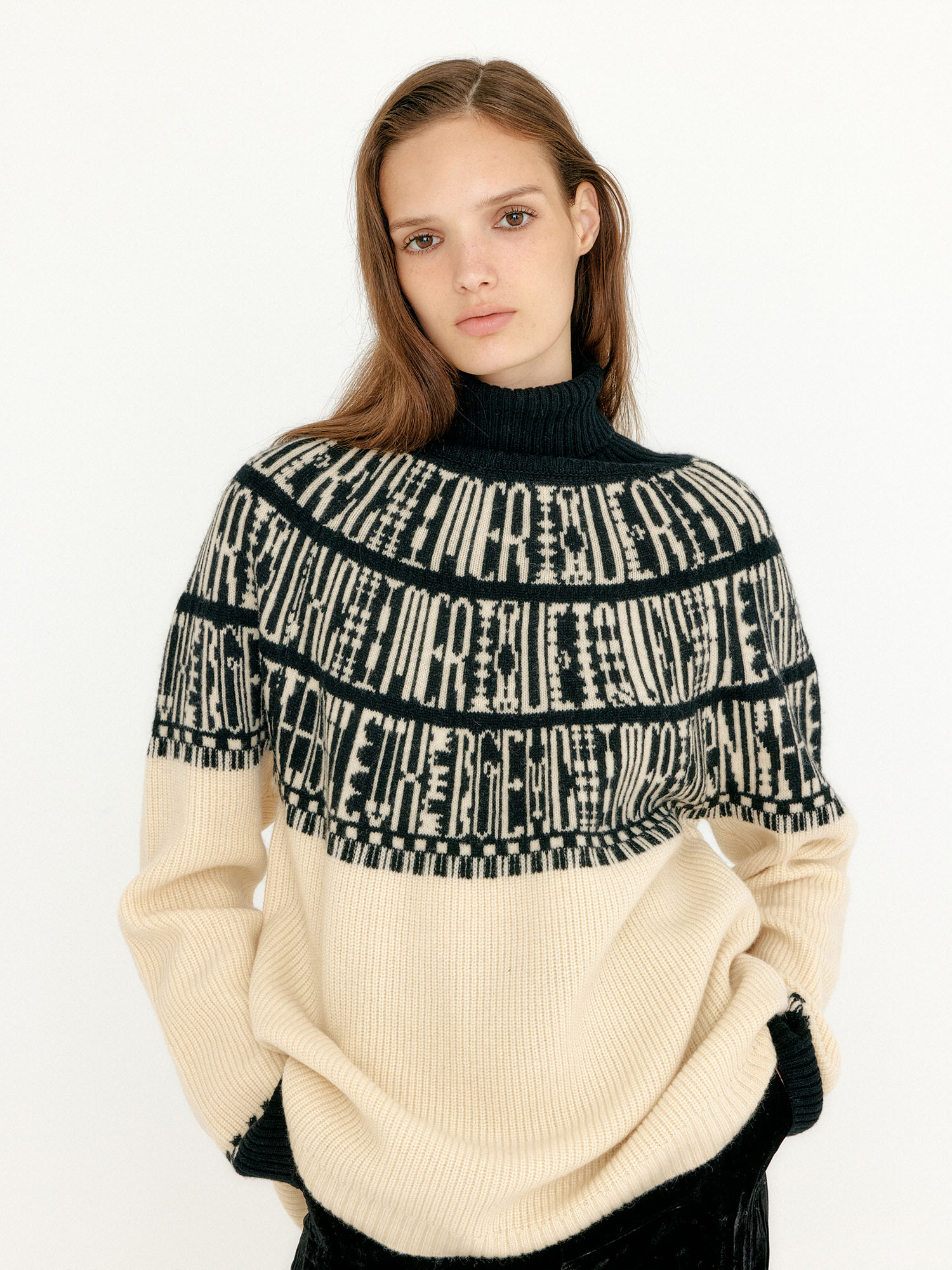 VIBBLE Paneled Lettering Jacquard Pullover Beige Black EENK vibble-paneled-lettering-jacquard-pullover-beige-black-eenk