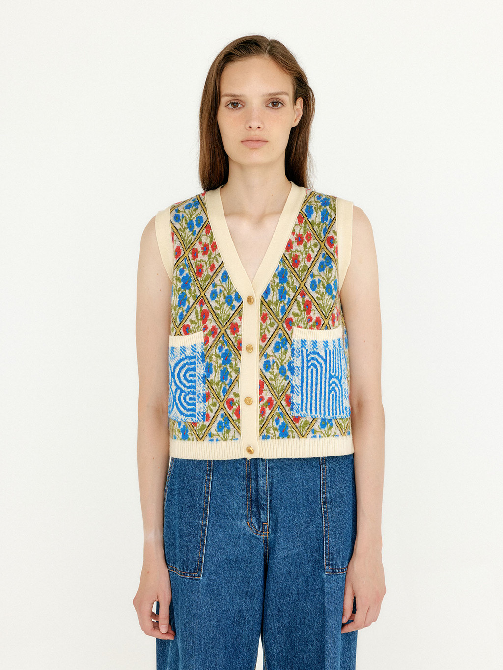 VITA Flower Pattern Knit Vest - Ivory/Blue/Red Multi : EENK SHOP