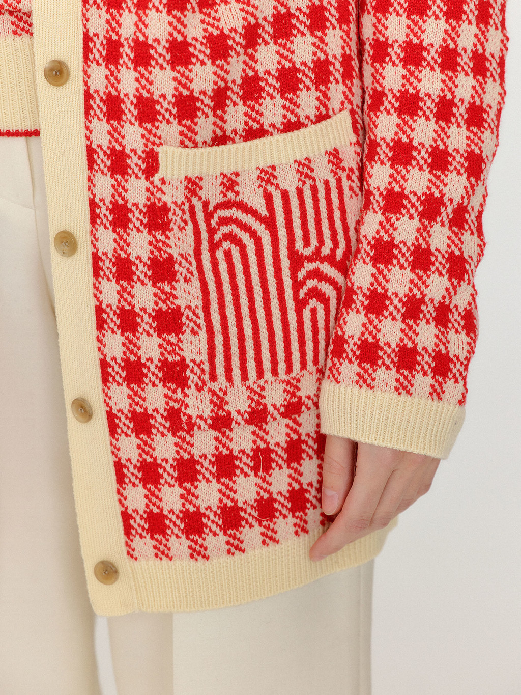 VINKLING Gingham Check Knit Midi Cardigan - Red/Ivory : EENK