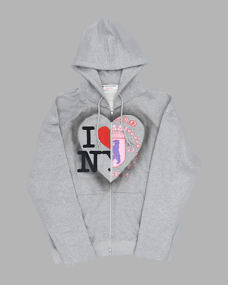 THE MUSEUM VISITOR★韓国★大人気★HEART SPRAYED HOODY HEART SPRAYED HALF EMBLEM ZIP-UP HOODY(GREY) : THE MUSEUM