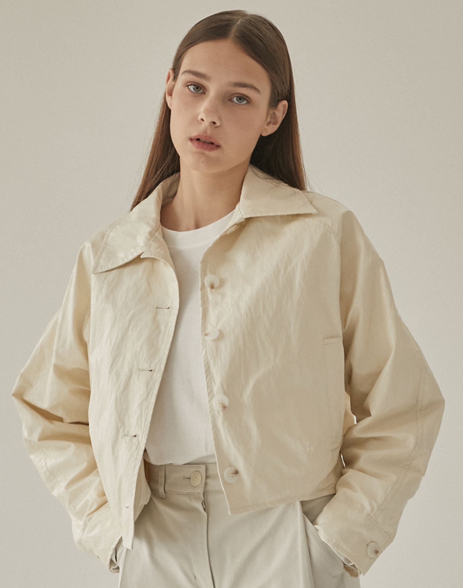 Wrinkled Fake Leather Crop Jacket Cream NONLOCAL