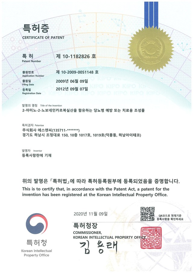 SNC CO., LTD. Patent certificate & Trademark registration certificate.