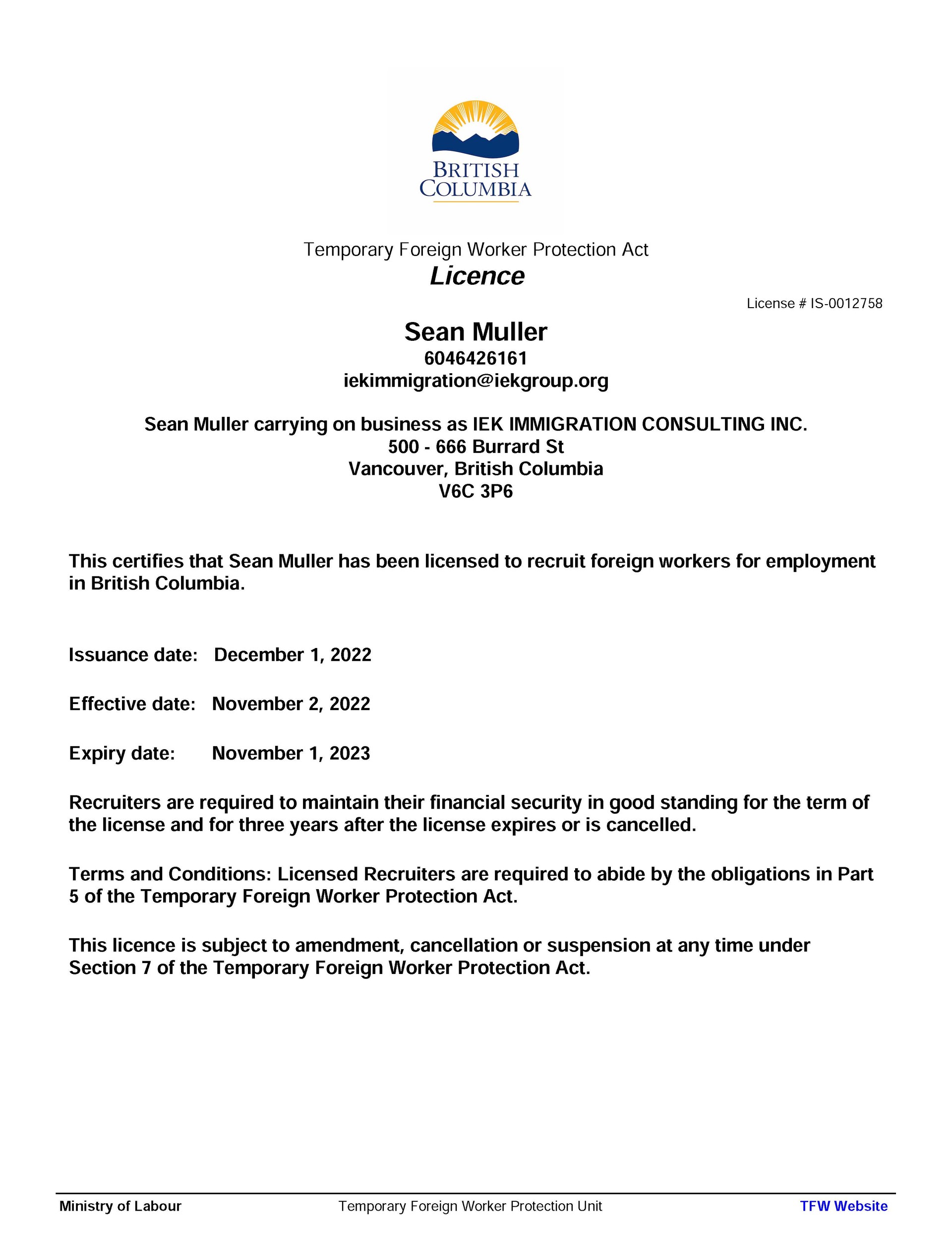 [Certificate of Recruit Foreign Workers for Employment in British Columbia]