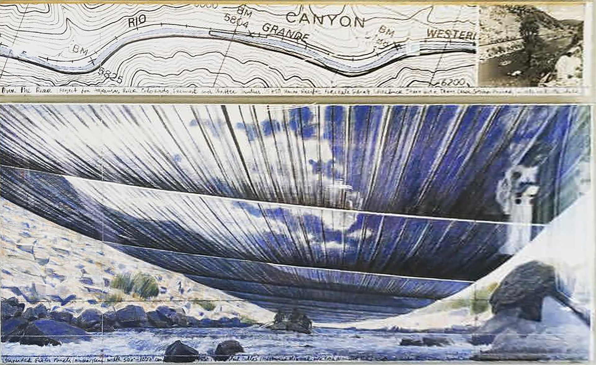 Over the River, Project for the Arkansas River, State of Colorado, 2000 Pencil, Pastel, Charcoal, Crayon Hand-drawn topographic map, photograph,  150 × 245 cm
