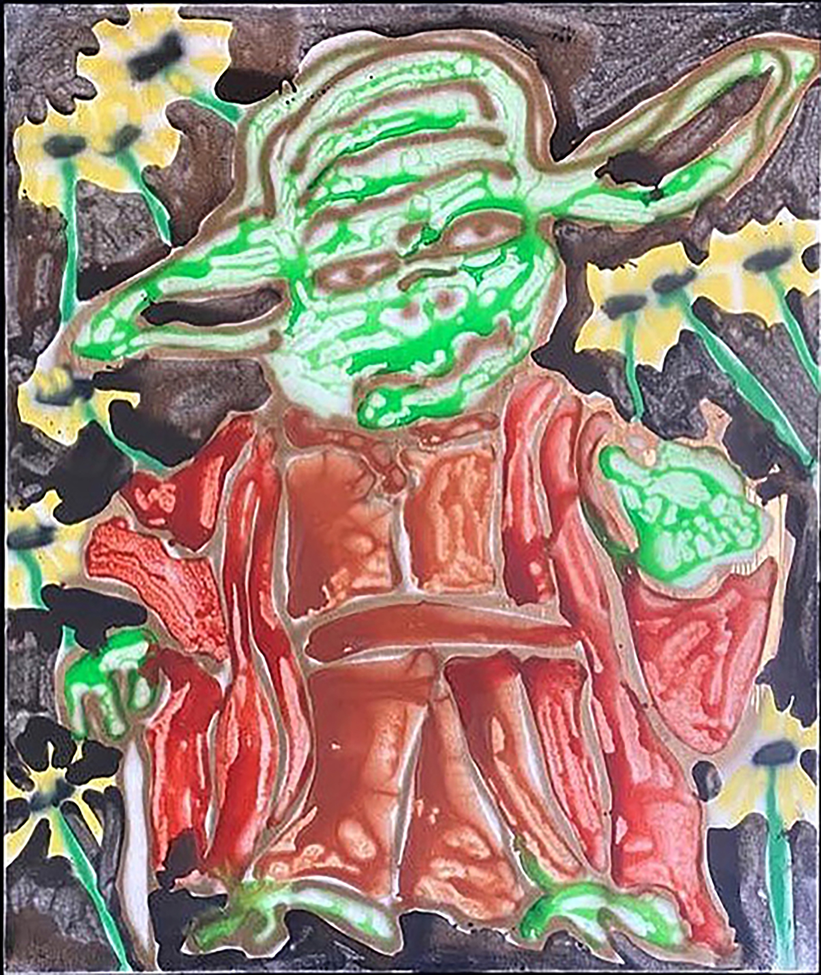Katherine Bernhardt, Garden Yoda, 2019, Acrylic and spray paint on canvas, 182.8 × 152.4 cm