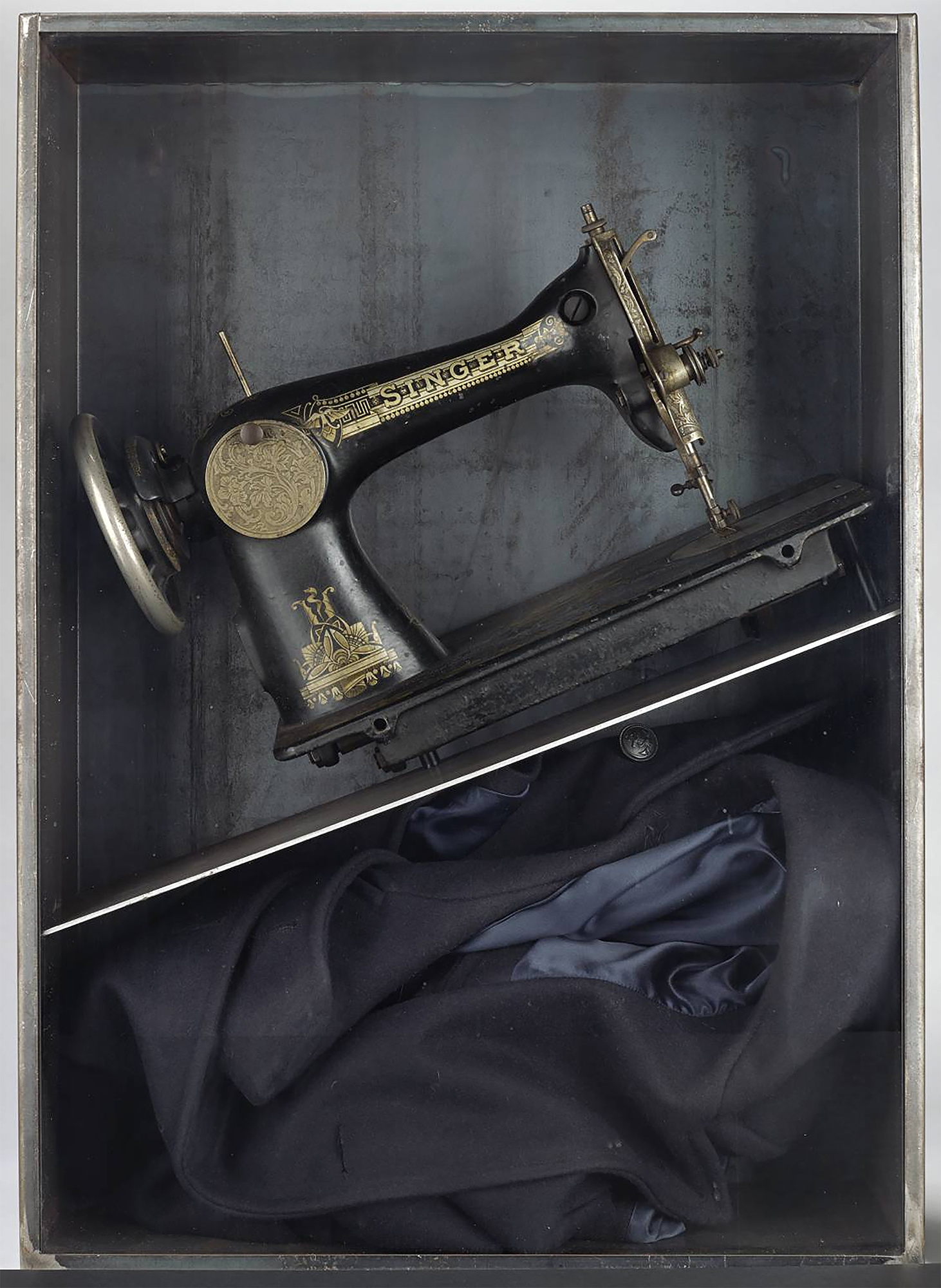 Jannis Kounellis, Untitled (Sewing Machine), 2004, Metal, Glass, Sewing Machine, Coat,  70 × 50 × 20 cm