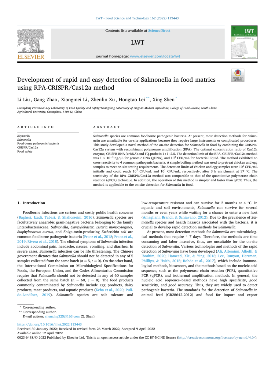 Development of rapid and easy detection of Salmonella in food matrics ...
