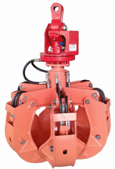 orange grapple, heavy equipment, excavator attachment, hydraulic attachment, 