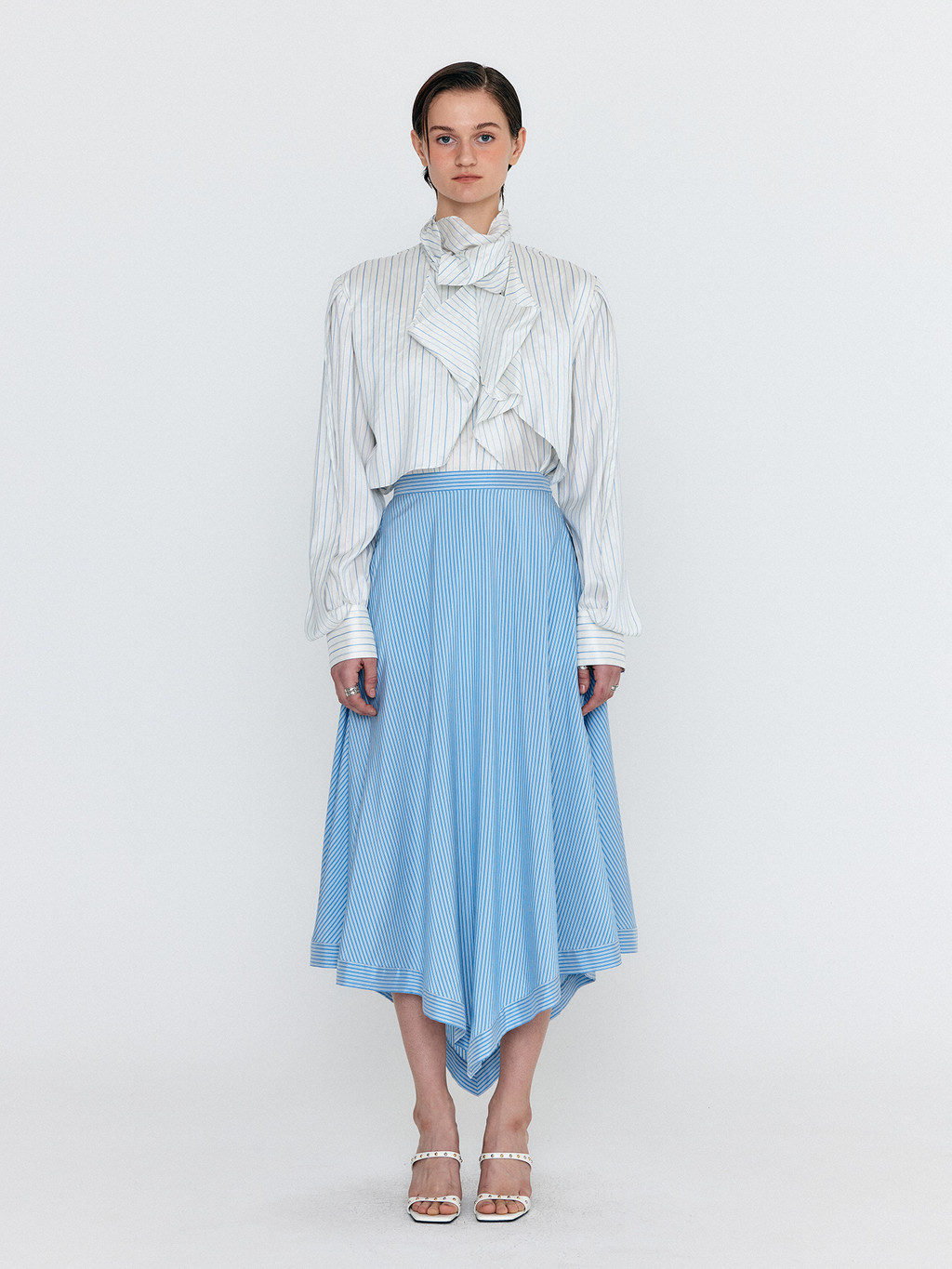 Asymmetric Hem Skirt - Ivory/SkyBlue Stripe