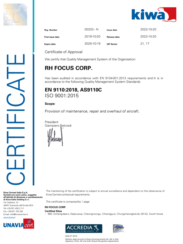 AS9110 Quality Management <br>System certificate (Kiwa)