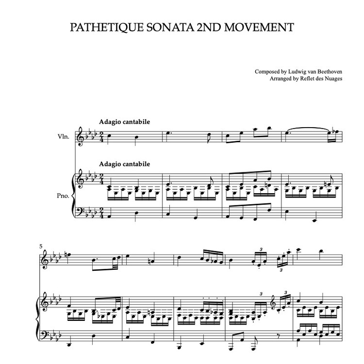 Duet Sheet Music Beethoven Pathetique Sonata 2nd Movement Violin And Piano Chamber Ensemble