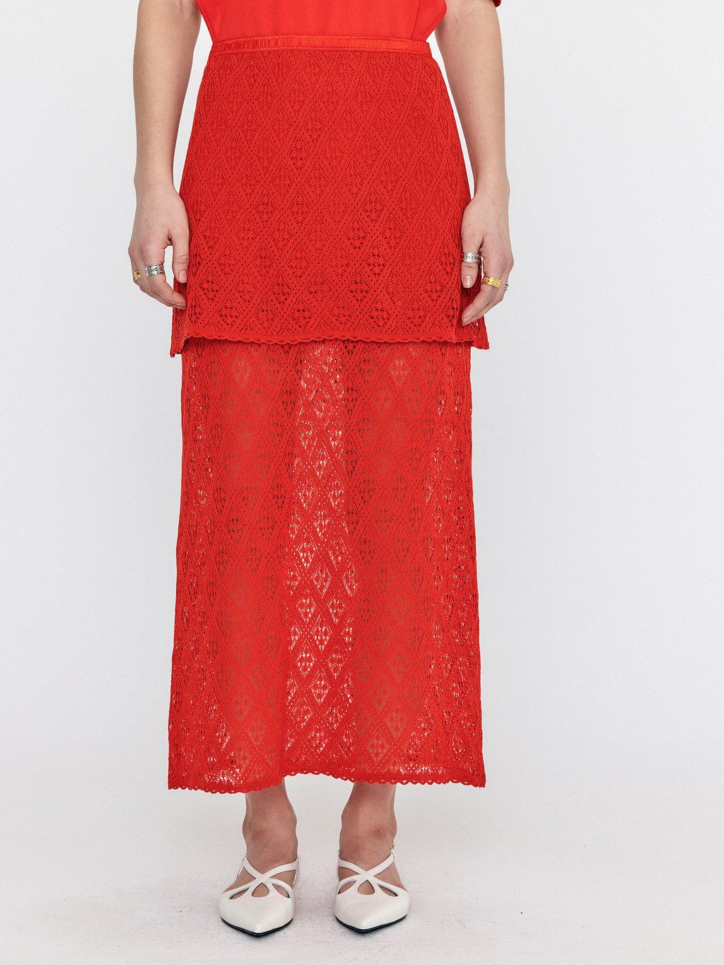 WIONY Diamond-Lace Layered Knit Skirt - Red