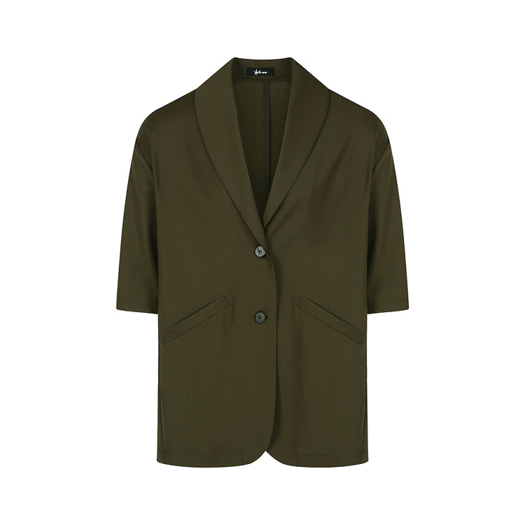 Summer Wool Shawl Collar Half Jacket (Dark Olive) : NAANANA